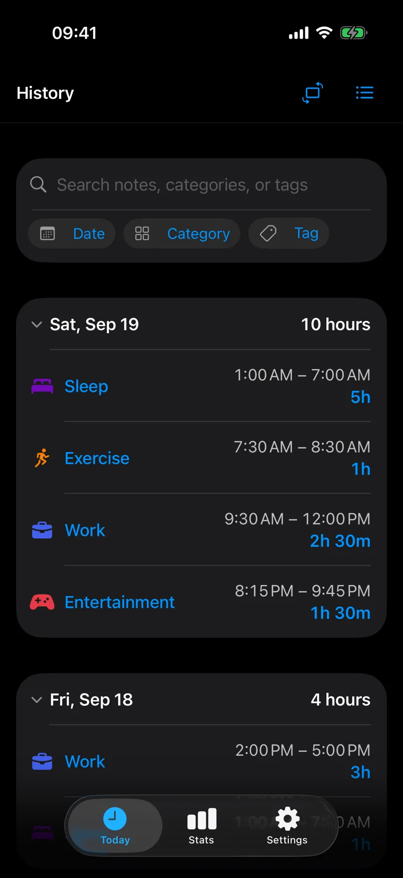 DayShape Today list with time entries grouped by day